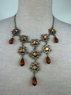 Vintage Robert Rose Flower Orange Chain Bib Necklace Floral Ornate 19"